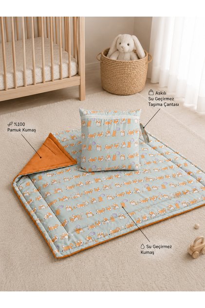Çantalı Bebek Oyun Matı 100x100 cm Çift Taraflı Su Geçirmez & %100 Pamuk Oyun Halısı Taşıma Çantalı