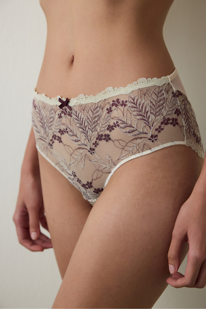 Beige Brode Embroidered High Waist Slip Panties