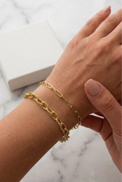 Double Paper Clip Gold Steel Chain Bracelet | Metoo Series