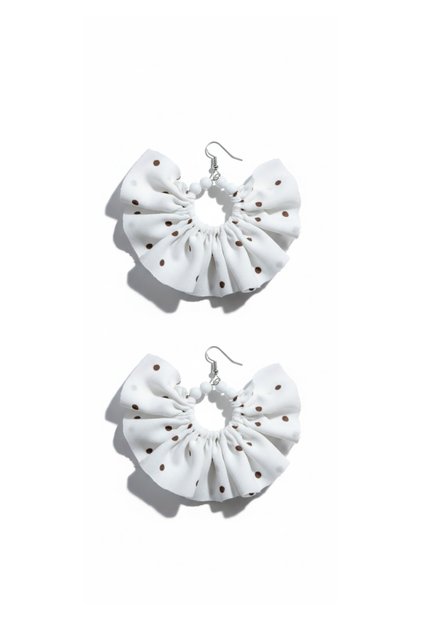 Silver Color Hoop Earrings – White Polka Dot Fabric Beaded Design