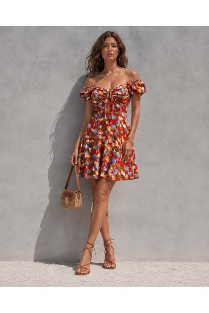 DESENLI1 Rochie mini de vară cu mâneci scurte și guler pătrat, cu imprimeu floral 581722