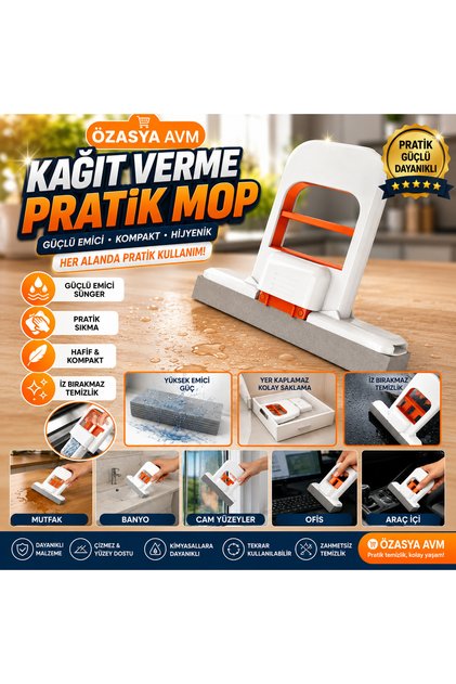 Taşınabilir Sıkma Mekanizmalı Pratik Mop Yüksek Emici Süngerli El Değmeden Sıkmalı