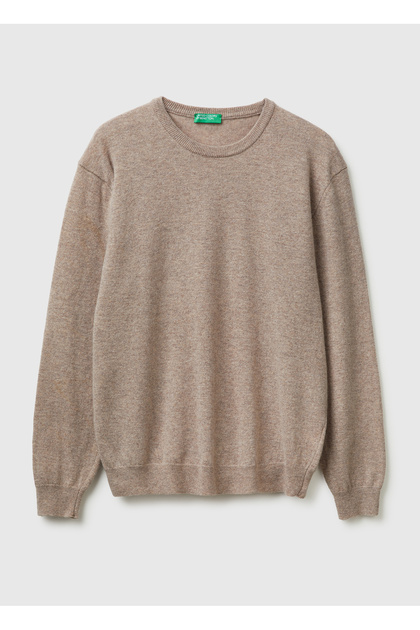 Men's Beige Melange 100% Merino Crew Neck Sweater