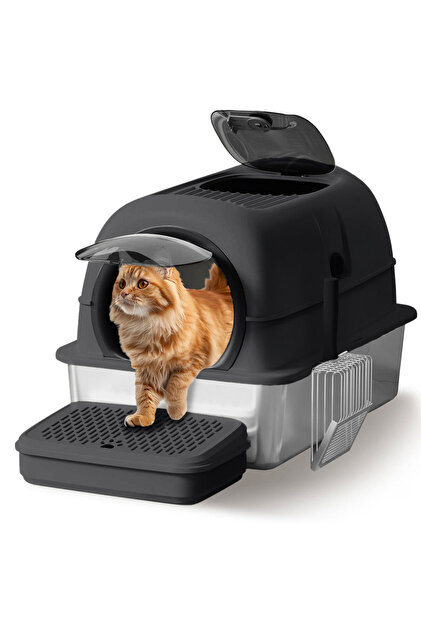 Stainless Steel Cat Litter Box with Steps & Scoop Easy to Clean Non Sticky