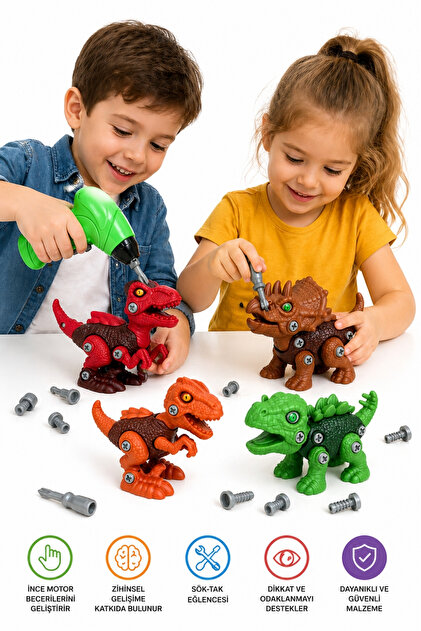 Toyaş Sök Tak 4'lü 14cm Dinozor Oyuncak Seti Vidalı Montajlı
