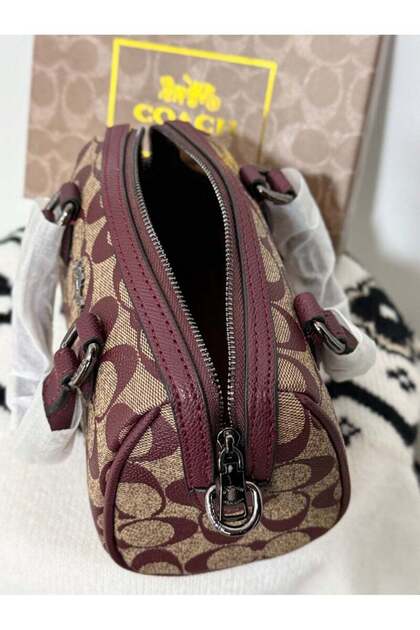 By Coach Mini Boston Bag in Signature Canvas with Maroon Leather