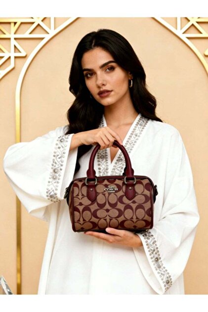 バッグ Coach Signature Colorful Mini Boston Bag By Coach Mini Boston Bag in Signature Canvas with Maroon Leather