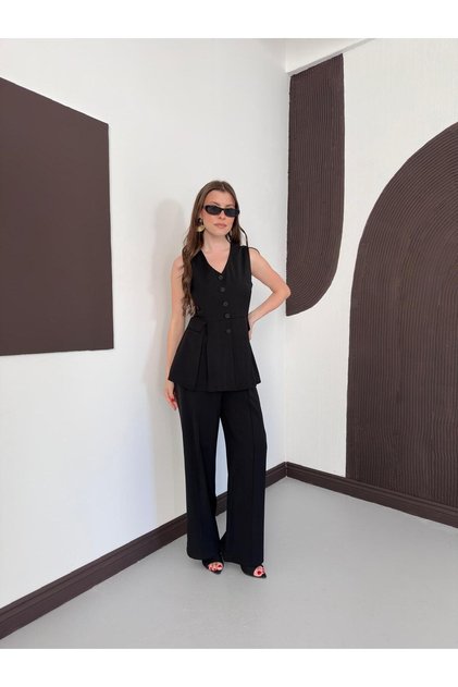 Women's Top and Bottom Set V-Neck Buttoned Vest and Wide-Leg Pants Two-Piece Set