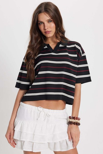 Women's Standard Fit Regular Cut Short Sleeve Striped Black V Polo Neck T-Shirt