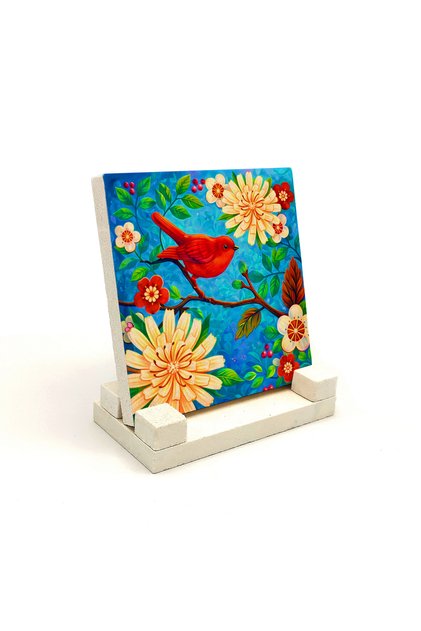 Red Bird and Flowers Printed Stone Tabletop 10X10 1G-Bird1