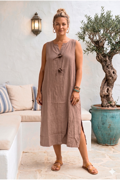 Chiccy Light Brown Biritli Collar Sleeveless Buttoned Slit Casual Linen  Look Woven Dress 125 58- Trendyol