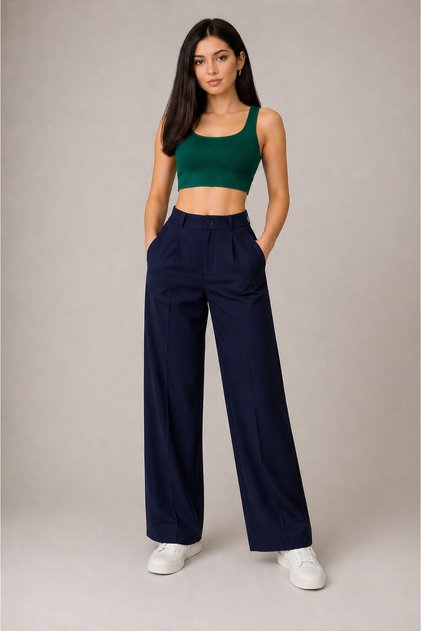 Women's High Waist Wide Leg Fabric Trousers Navy Blue Relaxed Fit Stylish Casual Office Pants