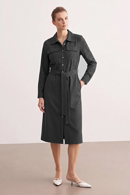 Green Striped Midi Length Belted Dress