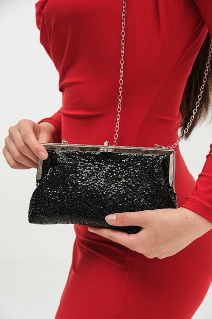 Kadın Siyah Venom / Pullu Abiye Taş Detay Aksesuarlı Portföy Clutch Gece Çantası