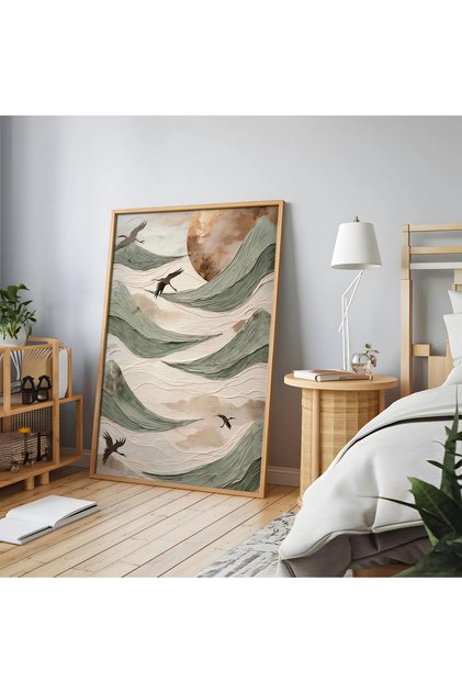 Minimalist Tasarım Pastel Tonlar ve Kuş Figürlü – Çerçeveli Dekoratif Duvar Tablosu