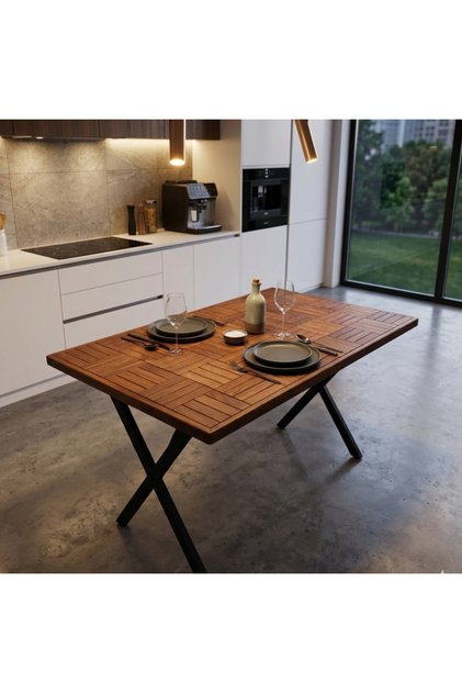 Modern Ceviz Renk Balkon ve Mutfak Masası Yemek masası 120 X 75 cm Parke desen Retro tasarım