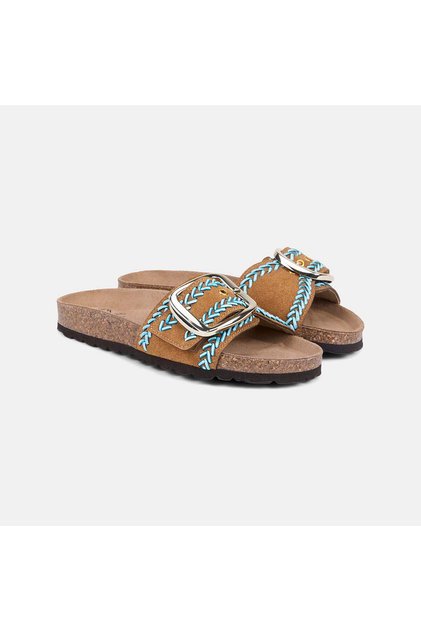 Women's Tan Buckle Blue Knitted Detailed Suede Slippers