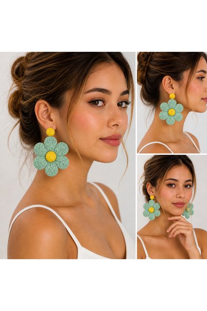 Turquoise Zarax Model Women's Flower 5cm Earrings Straw Large Size Summer Bohemian Lightweight Dangle Earrings