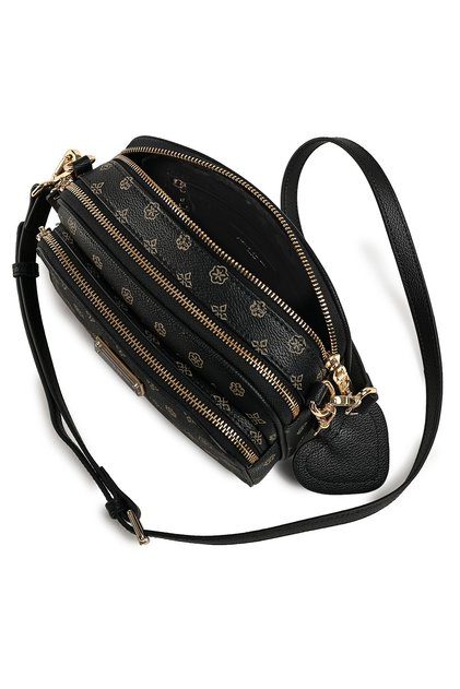 Women's Black Monogram Patterned Multi-Compartment Adjustable Shoulder Bag