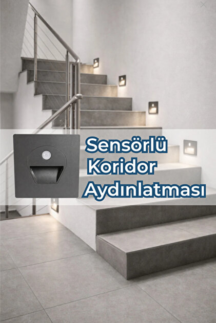 Sensörlü LED Koridor Aydınlatma 1W Sıva Altı Kare Füme Kasa 3000K Otomatik Gece Lambası