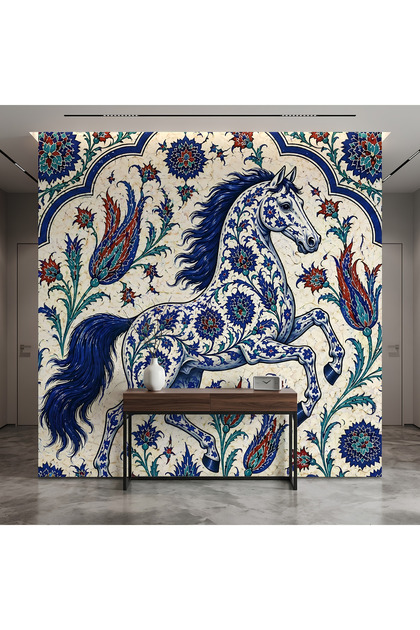 Osmanlı Motifli Lale ve At Desenli Mavi Çini Duvar Kağıdı