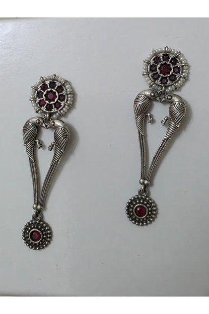Handcrafted Oxidized Bird Dangler Earrings with Green/Pink Accents