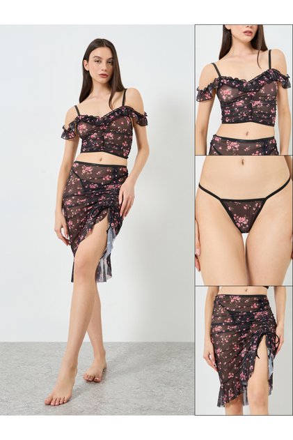 Floral Print Longline Top and Skirt with Thong Set