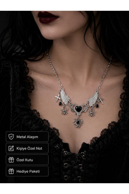 Black Stone Spider and Wing Detailed Heart Necklace Alternative Style Women's Accessory