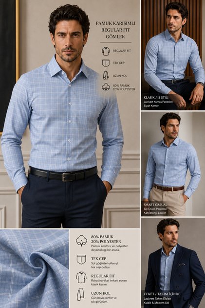 Long Sleeve Regular Fit Plaid Jacquard Patterned Cotton Blend Classic Men's Shirt with Pockets