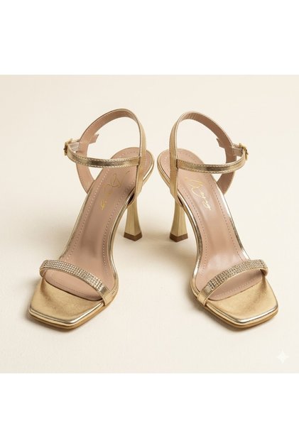 (White) Single Strap Buckle Detailed Heeled Women's Evening Dress Shoes Gold