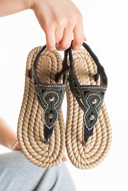 Wicker Flip-Flop Women's Sandals with Black Stone Detail