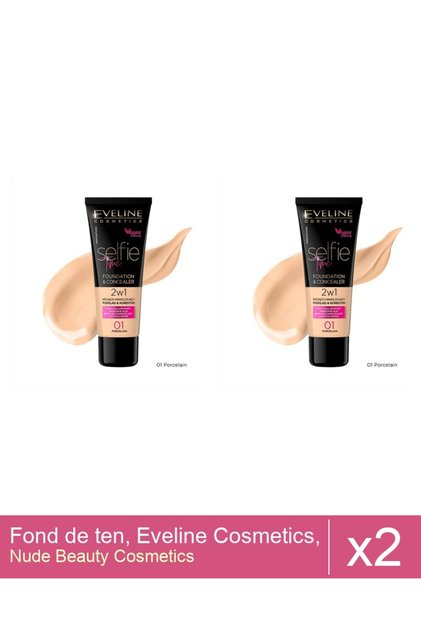 Set 2x Fond de ten, Eveline Cosmetics, Selfie Time 2 in 1, 01 Porcelain, 30ml