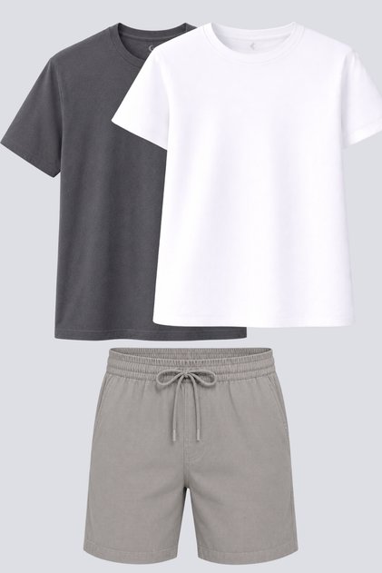 Men's Linen Shorts & Antra - White Basic Cotton T-Shirt – Comfortable Fit, Breathable 3-Piece Set