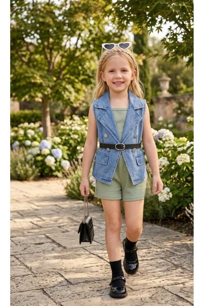 Girl's 4-Piece Set with Denim Vest and Shorts - Button Detailed Denim Belted Vest - Shorts - Undershirt 100% Cotton 4-Piece Holiday Set