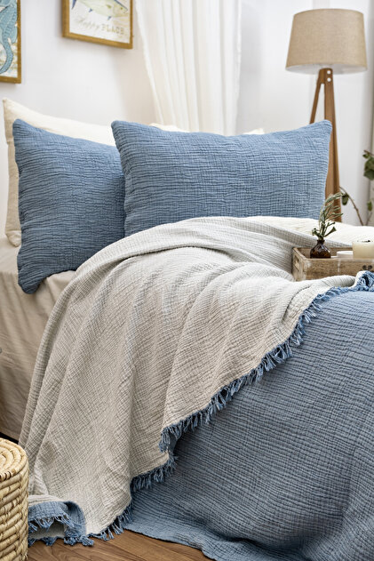 100% Cotton Muslin 4 Layer Double Layer 240X230 Cm. Sea Blue Color Bedspread - 2 Pillowcases 50X70 Cm.