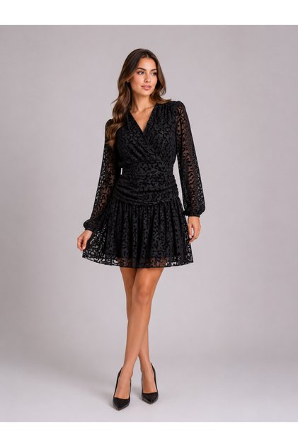 Women's Crepe Fabric Tulle Detailed V-Neck Seasonal Short Mini Dress