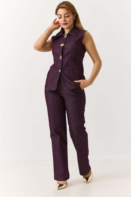 Women's Sleeveless Gold Buttoned Vest Denim Suit Plum