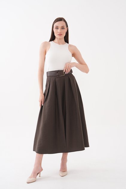Women's Belted Slit Midi Length Pleated Skirt
