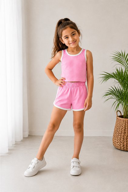 Girl's Combed Cotton 2-Piece Basic Set: Top and Shorts with Crop Ribbed Trim