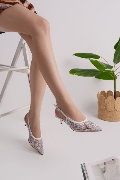 Spri̇ng Floral Patterned Tulle Textured Pointed Toe Open Back Women's Heeled Shoes
