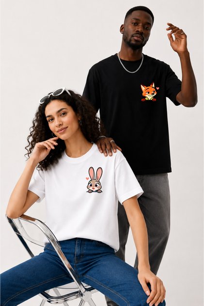Couple Combination Men's - Women's Oversize T-Shirt 100% Cotton Printed Comfortable Fit Lover's T-Shirt Price for 2 Pieces