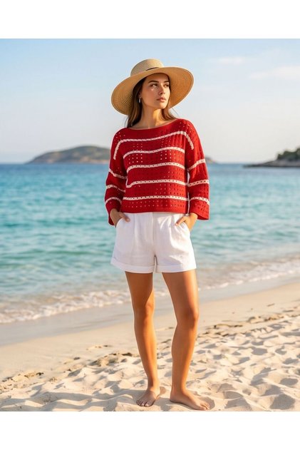 Summer Openwork Striped Boat Neck Knitwear Blouse