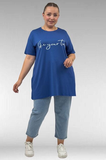 68504 Plus Size Kısakol Printed Combed Cotton Tunic - Indigo