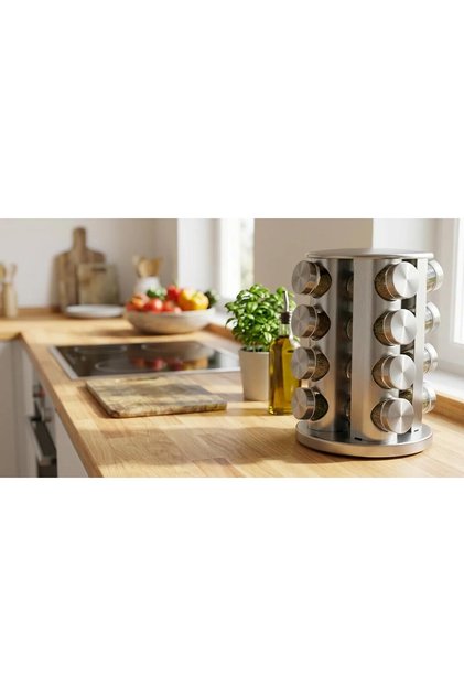 16-Piece Stainless Steel Metal Rotating Stand Glass Spice Rack Set 16-Piece