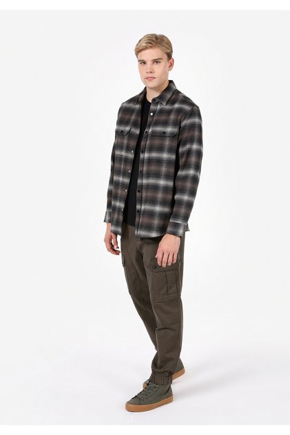 Comfort Fit Shirt Neck Ekoseli Erkek Kahverengi Uzun Kol Gömlek