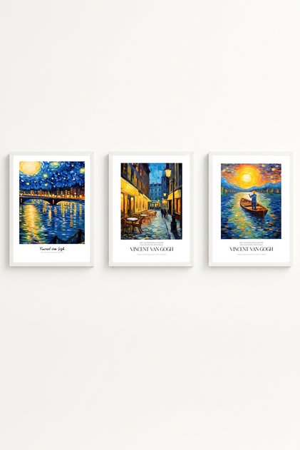 White Wooden Framed Vincent Van Gogh Painting Set Huhu527 - Triple Painting Set White Frame
