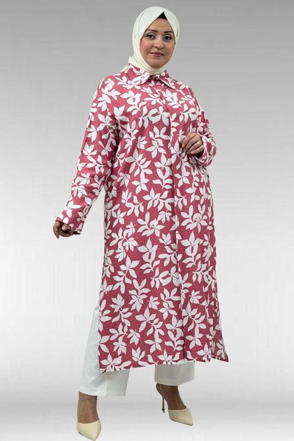 68045 Plus Size Mango Tunic with Curled Sleeves - Leaf Pattern Pink