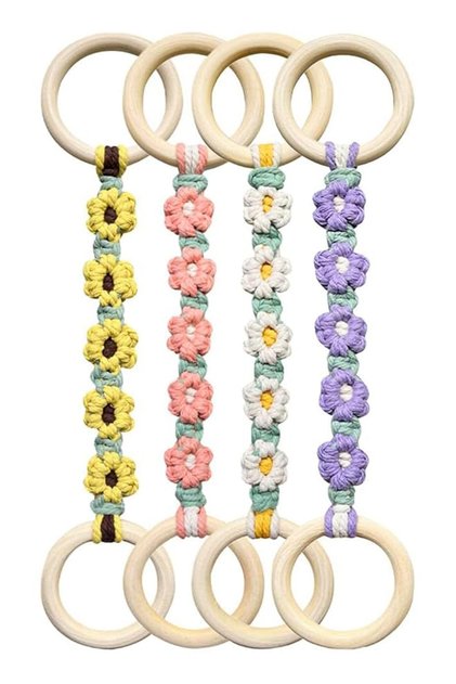 Daisy Flower Macrame Towel Holder Ring, Kitchen Dish Towel Holders with Wood Hanging Loop, Handmade Flower Dish Towel Holder Crochet Towel Holders Rings for Kitchen Oven Stove Bathroom, 4Pcs