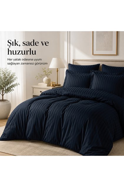 100% Cotton Satin Striped Double Duvet Cover Set - Navy Blue