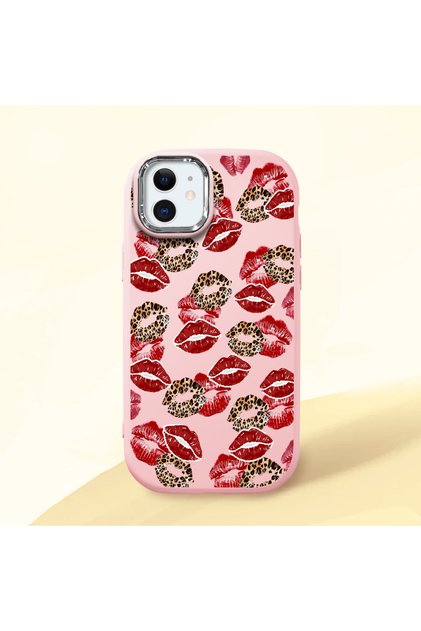 iPhone 12 Mini Compatible Case Camera Protector Pink Silicone Couple Phone Case with Kiss Pattern